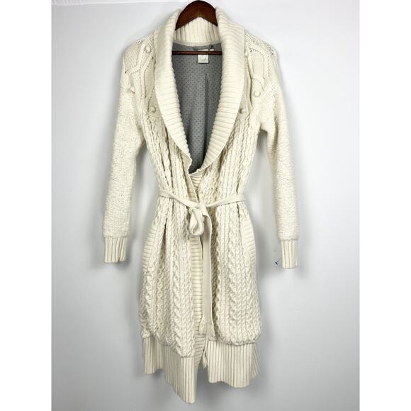 Anthropologie M/L Eloise Ivory Cable Knit Belted Cardigan Sweater Long Boho - Picture 7 of 9
